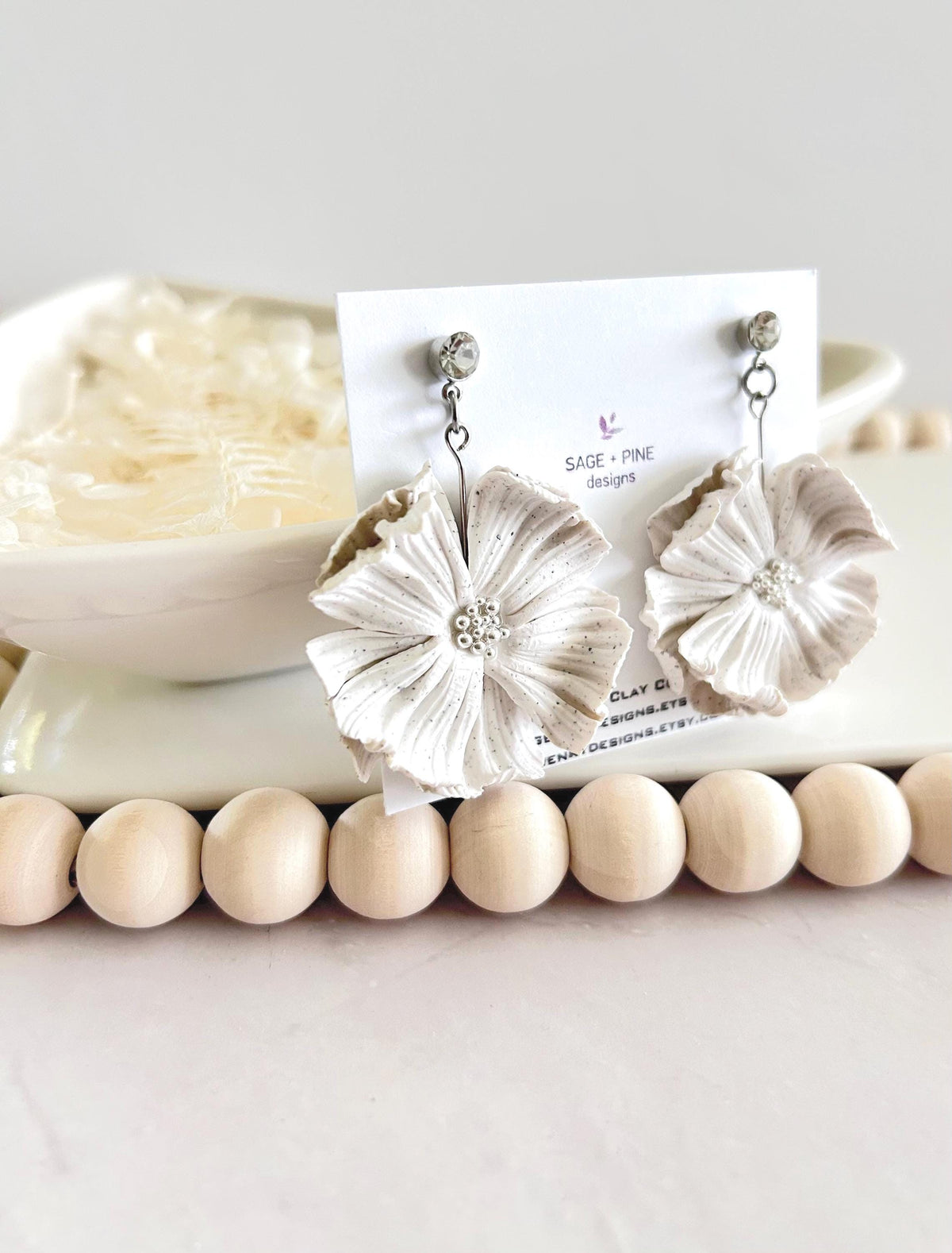 White Dangle Flower Earrings, Big Floral Drop Dangles, Silver Rhinestone Unique Statement Jewelry Gift