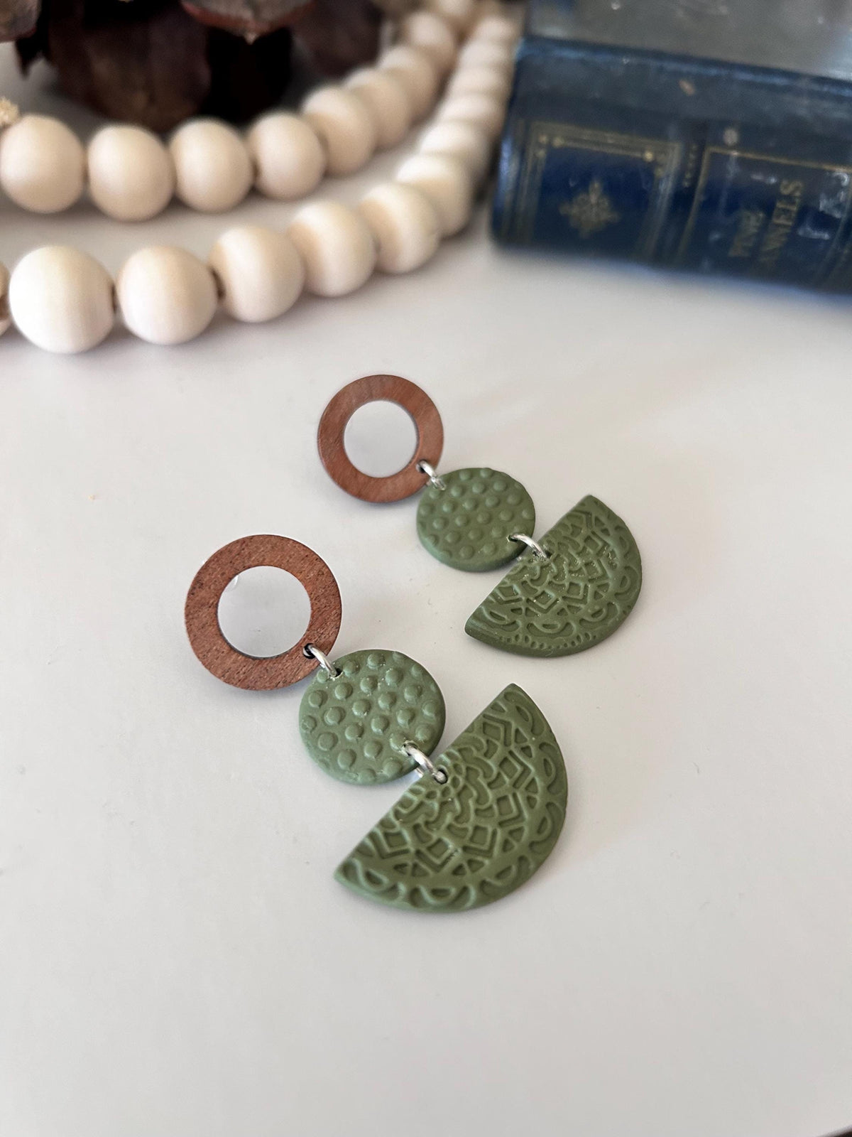 Mandala Polka Dot Clay Earrings, Open Circle Wood Post Stud Dangles, Lightweight Hypoallergenic