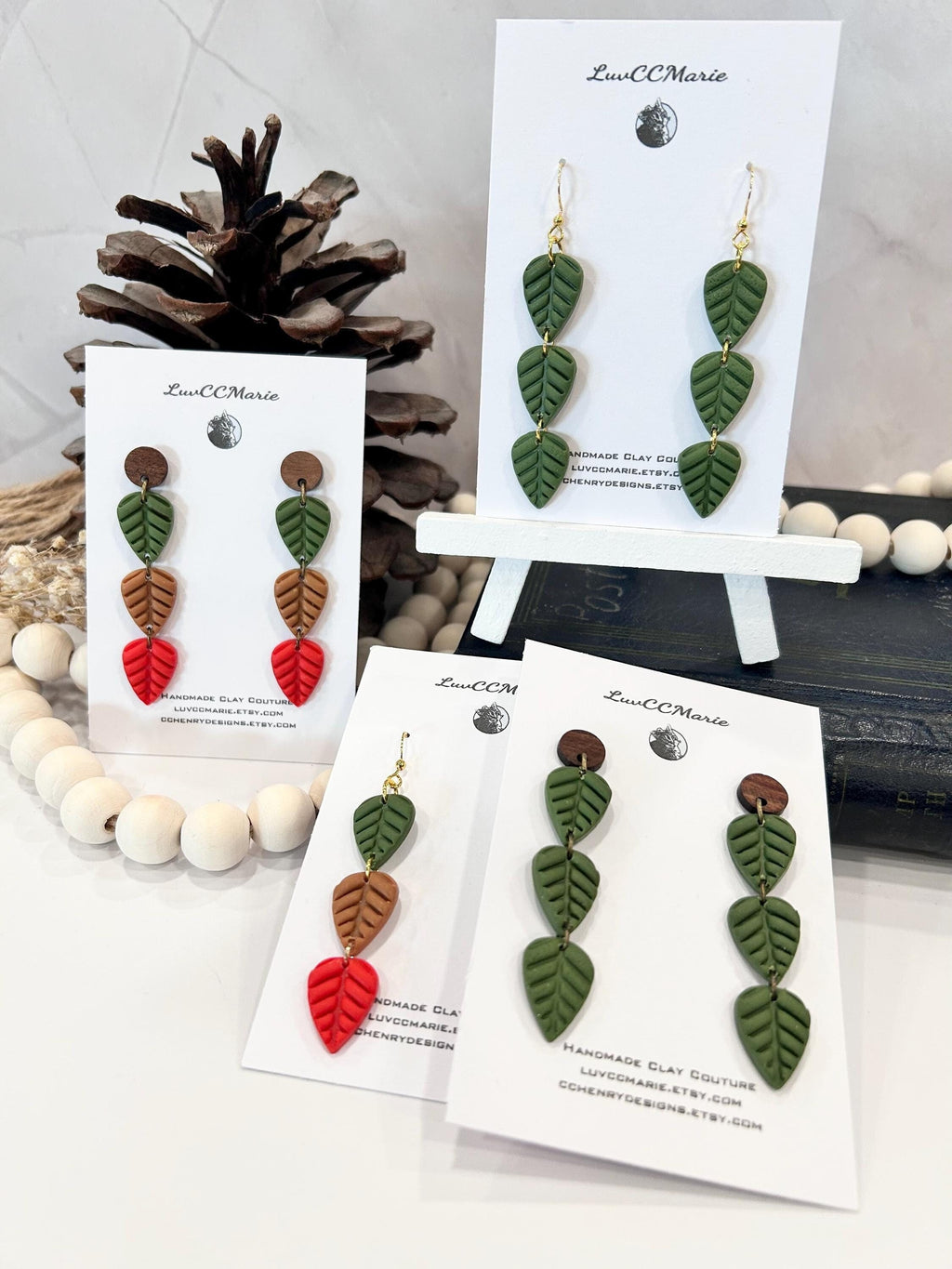 Leaf Earrings, Olive Green, Bright Red, Mustard Yellow, Handmade Clay Boho Fall Jewelry Gift