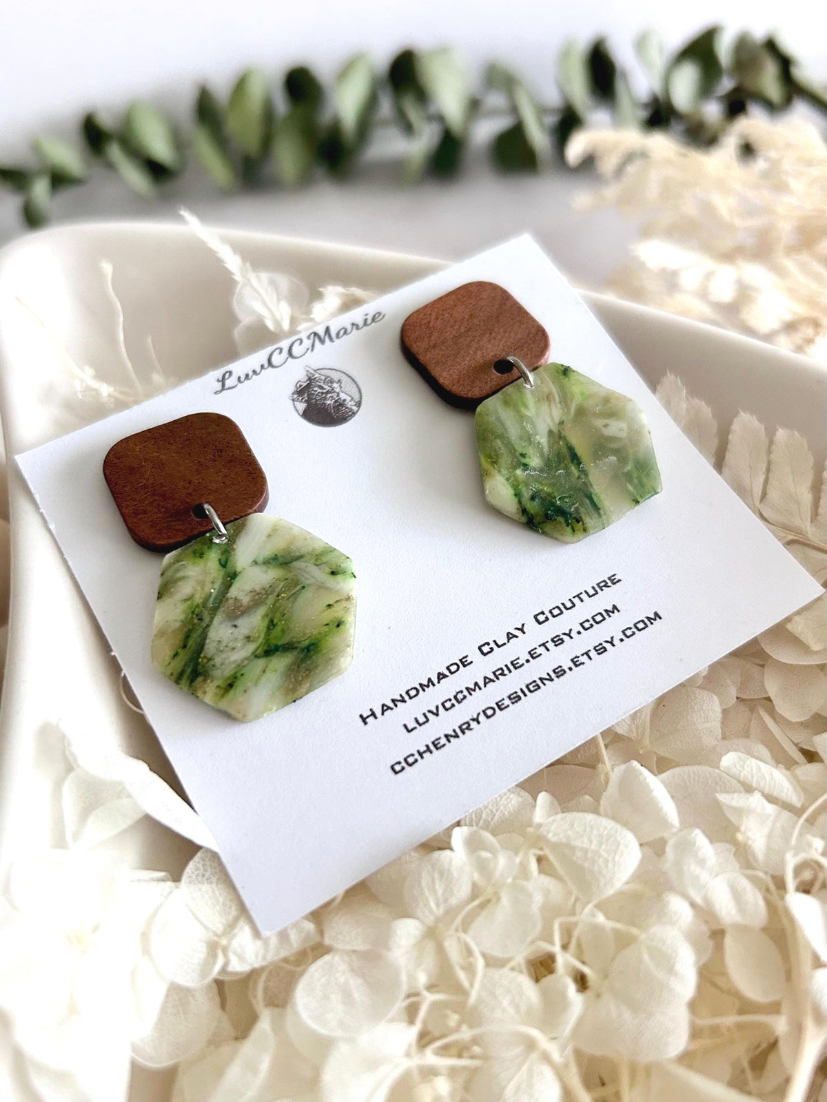 Moss Green Drop Earrings, Olive Army Clay and Wood Lightweight Dangles, Handmade Jewelry Gift