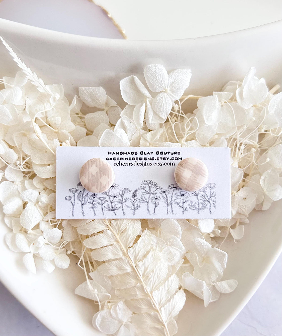Navy Blue Gingham Check Clay Studs, Summer Vacation Stud Earrings, Handmade Jewelry