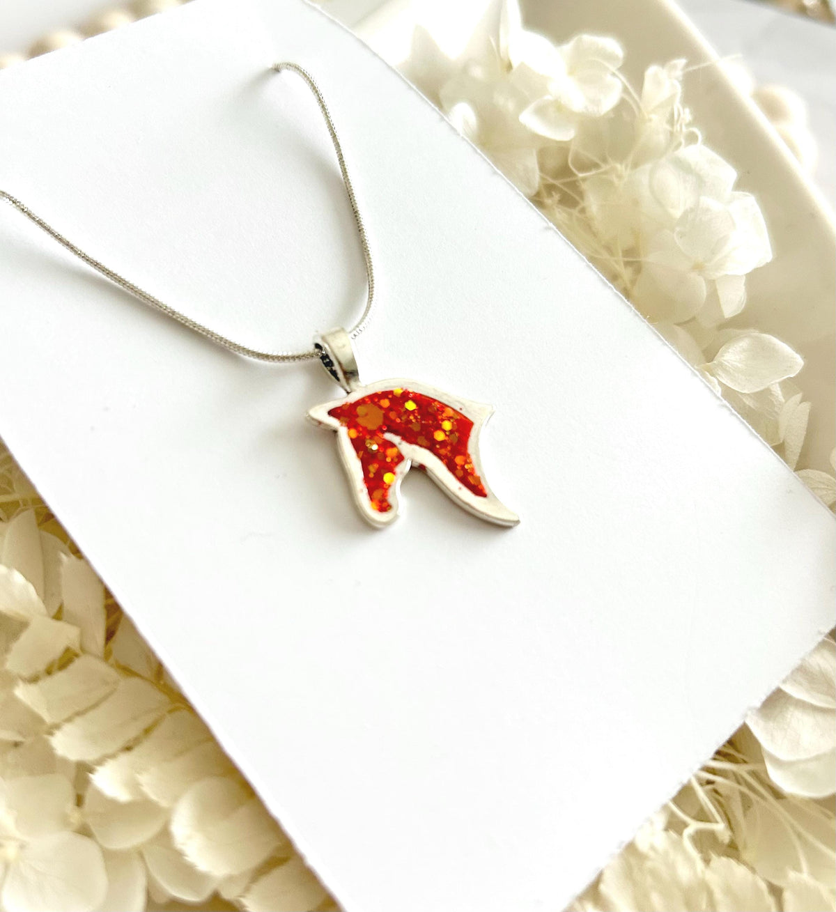 Year of the Horse Fire Necklace, Red and Silver Sparkly Pendant, Handmade Fashion Clay Jewelry
