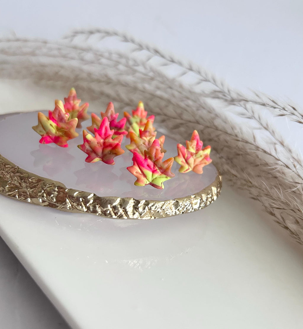 Fall Neon Stud Earrings, Maple Leaf Clay Studs, Handmade Multicolor Leaves Jewelry
