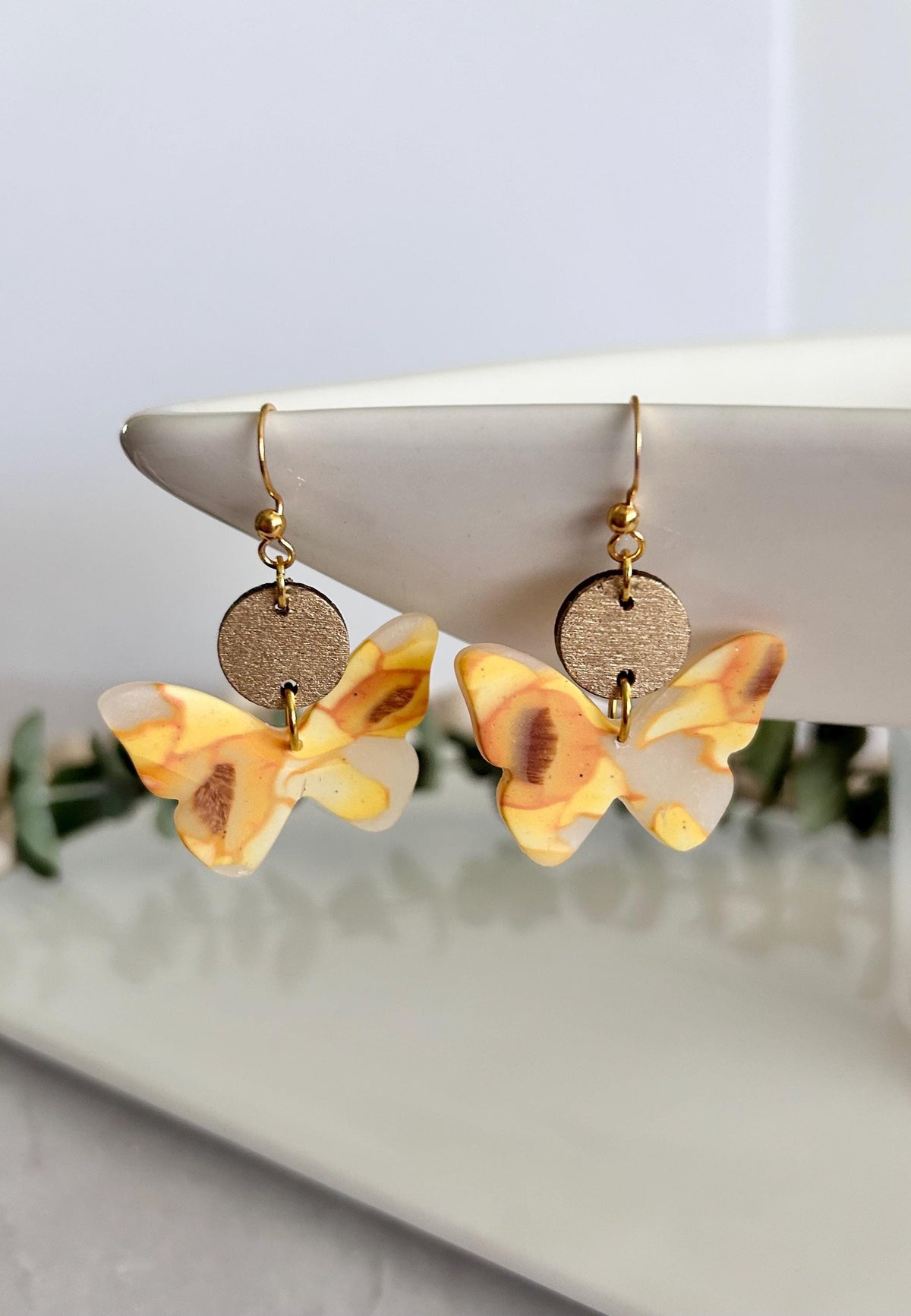 Yellow and Gold Butterfly Earrings, Daffodil Flower Clay and Wood Drop Dangles