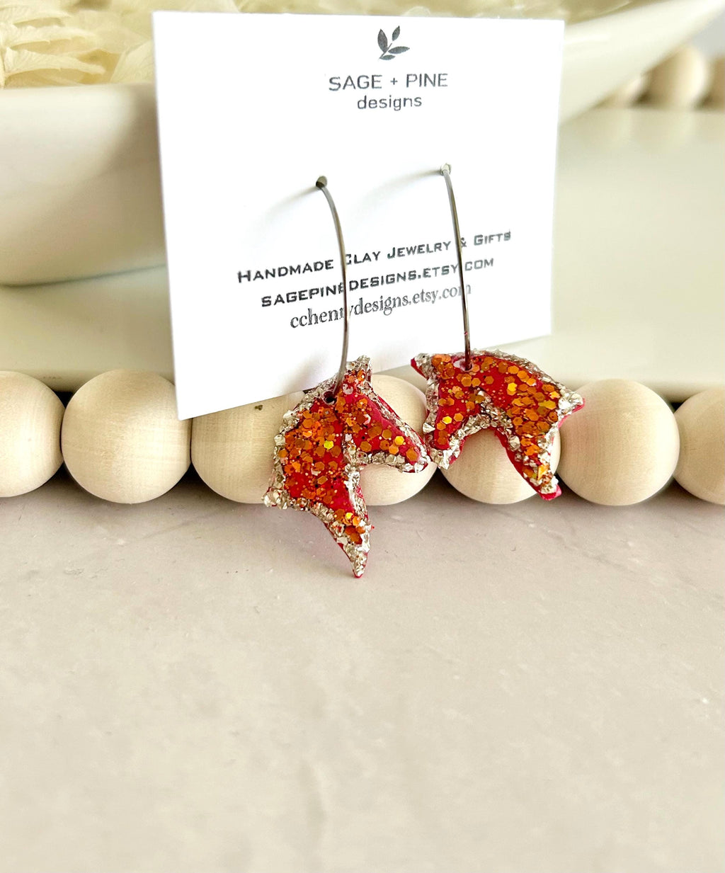 Fire Horse Earrings, Red and Silver Sparkly Dangles, Handmade Fashion Clay Jewelry