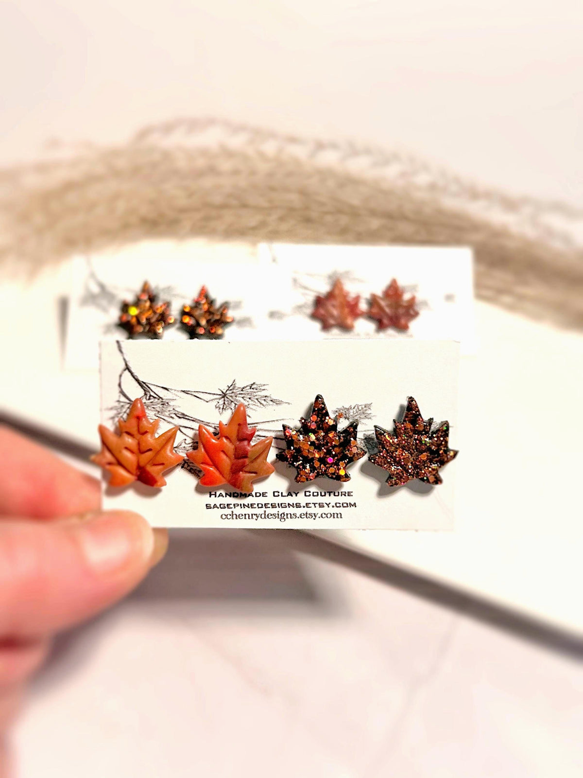 Red Maple Fall Leaf Stud Earrings, Glitter Clay Studs Set, Fire Sparkly Handmade Post