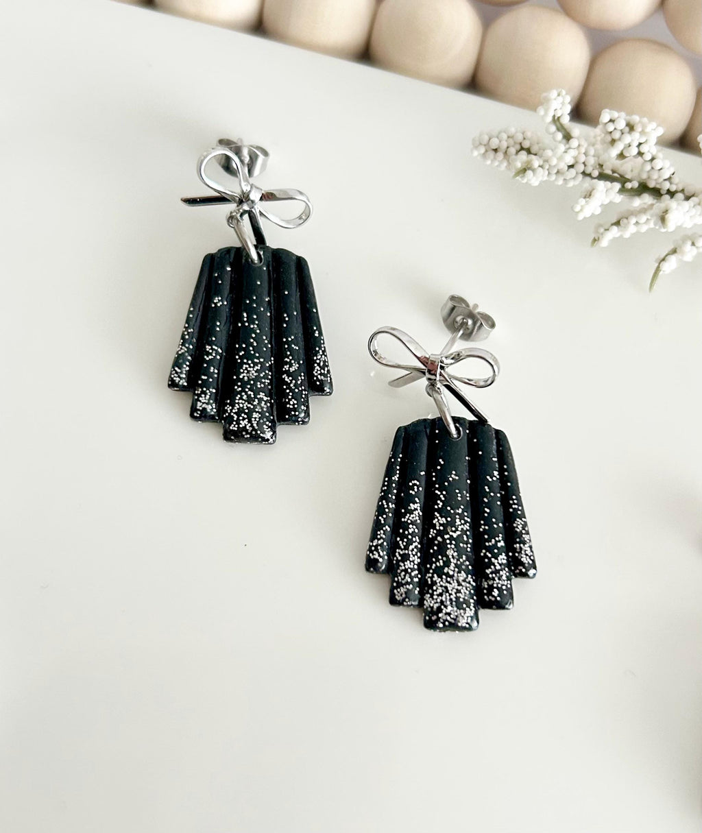 Sparkly Dangles, Bow Earrings, Modern Wedding Clay Jewelry, Handmade Gift For the Bride