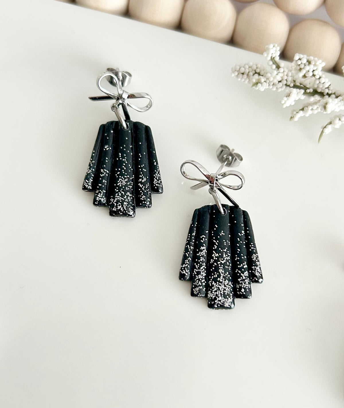 Sparkly Dangles, Bow Earrings, Modern Wedding Clay Jewelry, Handmade Gift For the Bride