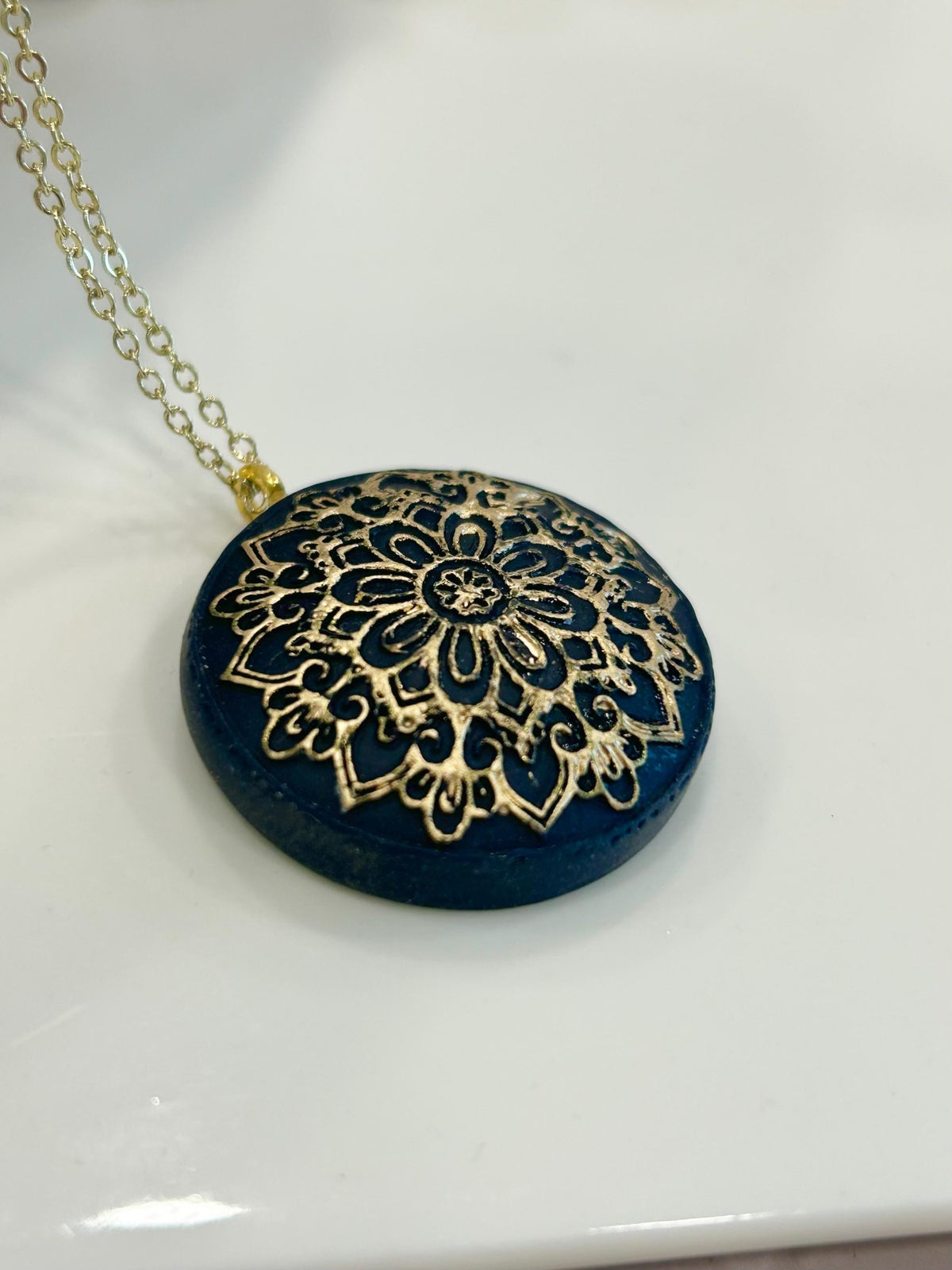 Dark Navy Blue Clay Necklace, Gold Mandala Embossed Pendant, Handmade Fashion Boho Jewelry