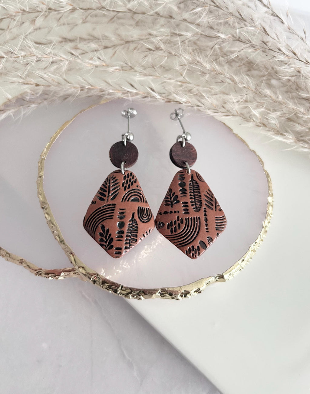 Brown & Black Boho Earrings, Embossed Folk Dangles, Clay Wood Faux Leather Fall Terracotta Mexican