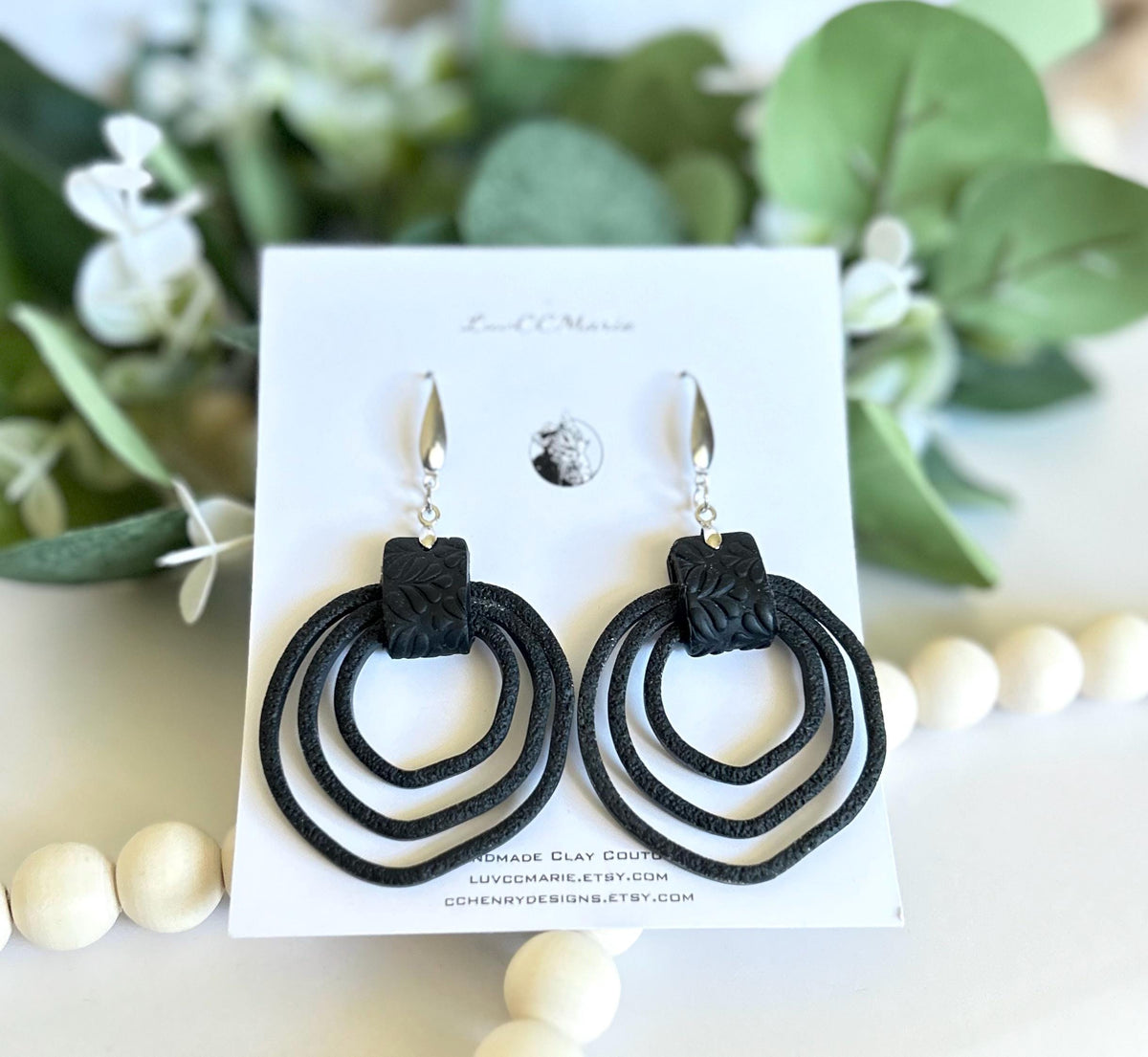 Black Silver Drop Hoops, Large Thin Hoop Dangles, Lightweight Clay Handmade Earrings, Stainless Steel