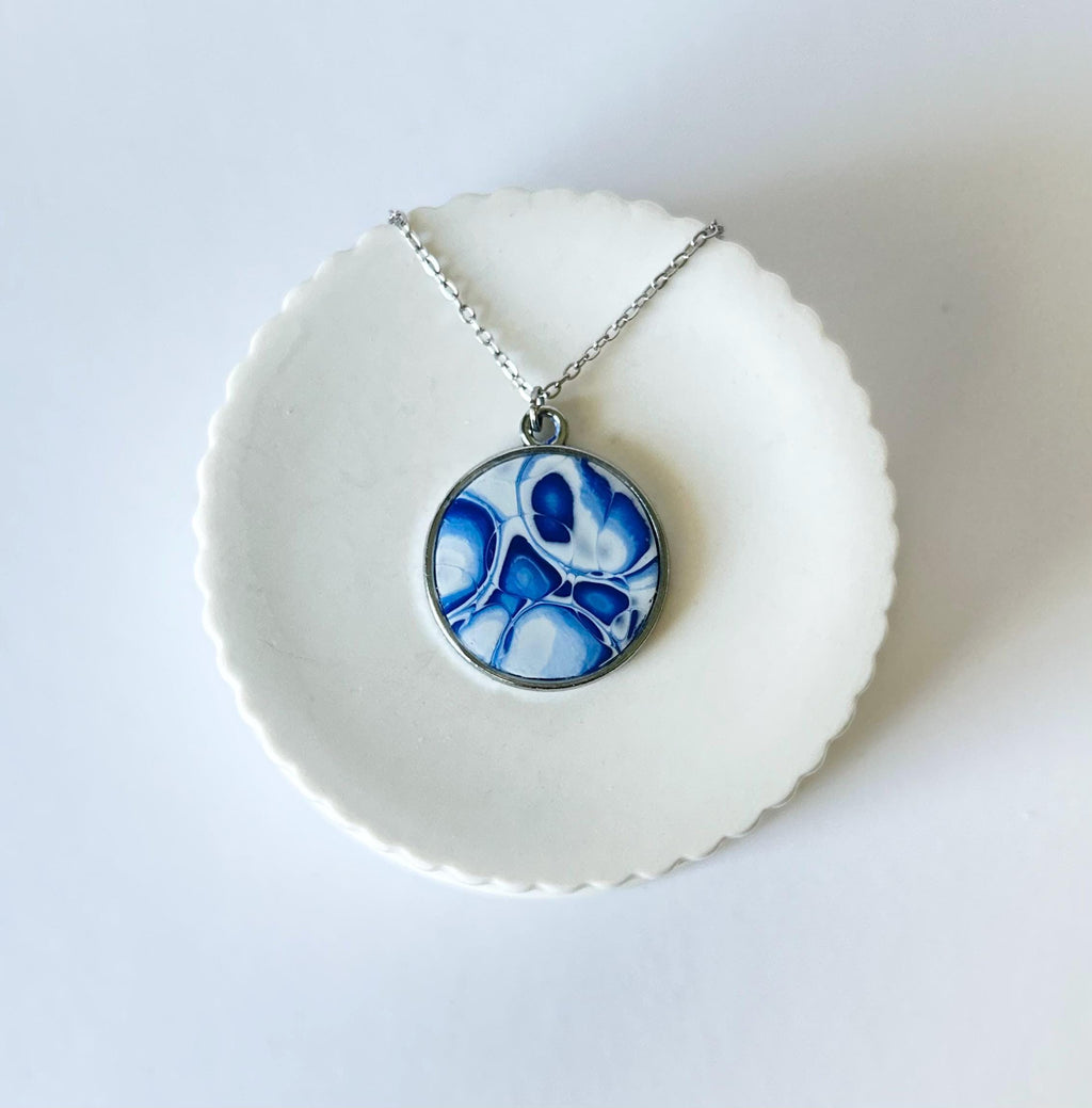 Marbled Mokume Clay Pendant Necklace: Navy Blue Boho Jewelry