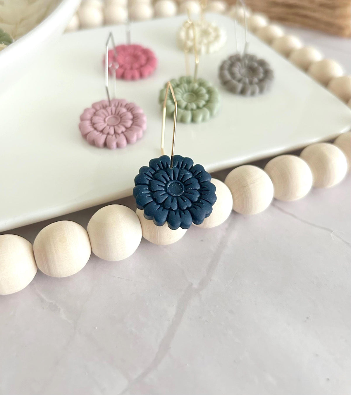 Clay Flower Hoop Earrings, Hypoallergenic Hoops, Geometric Dangle Minimalist Drops