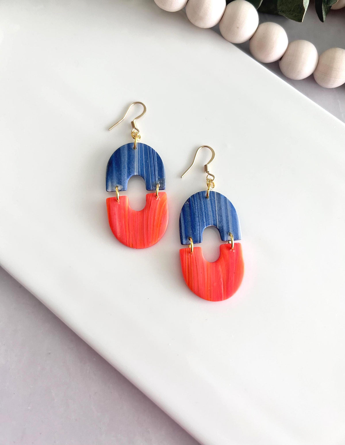 Orange Navy Blue Dangles, Marbled Coral Clay Long Bright Earrings, Neon Summer Drop Handmade