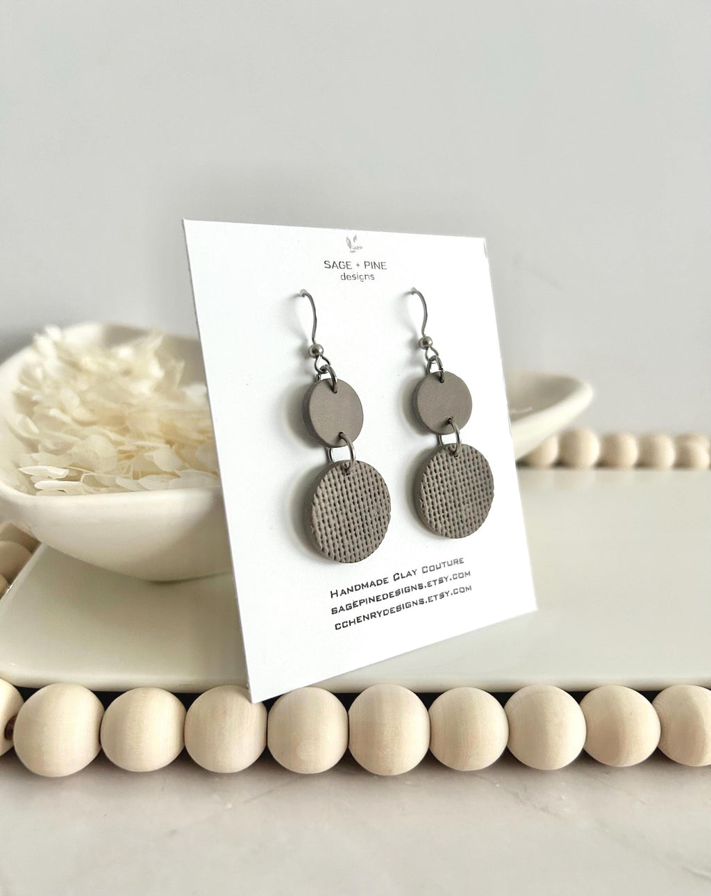 Khaki Clay Dangle Earrings, Neutral Casual Drop Dangles, Handmade Jewelry