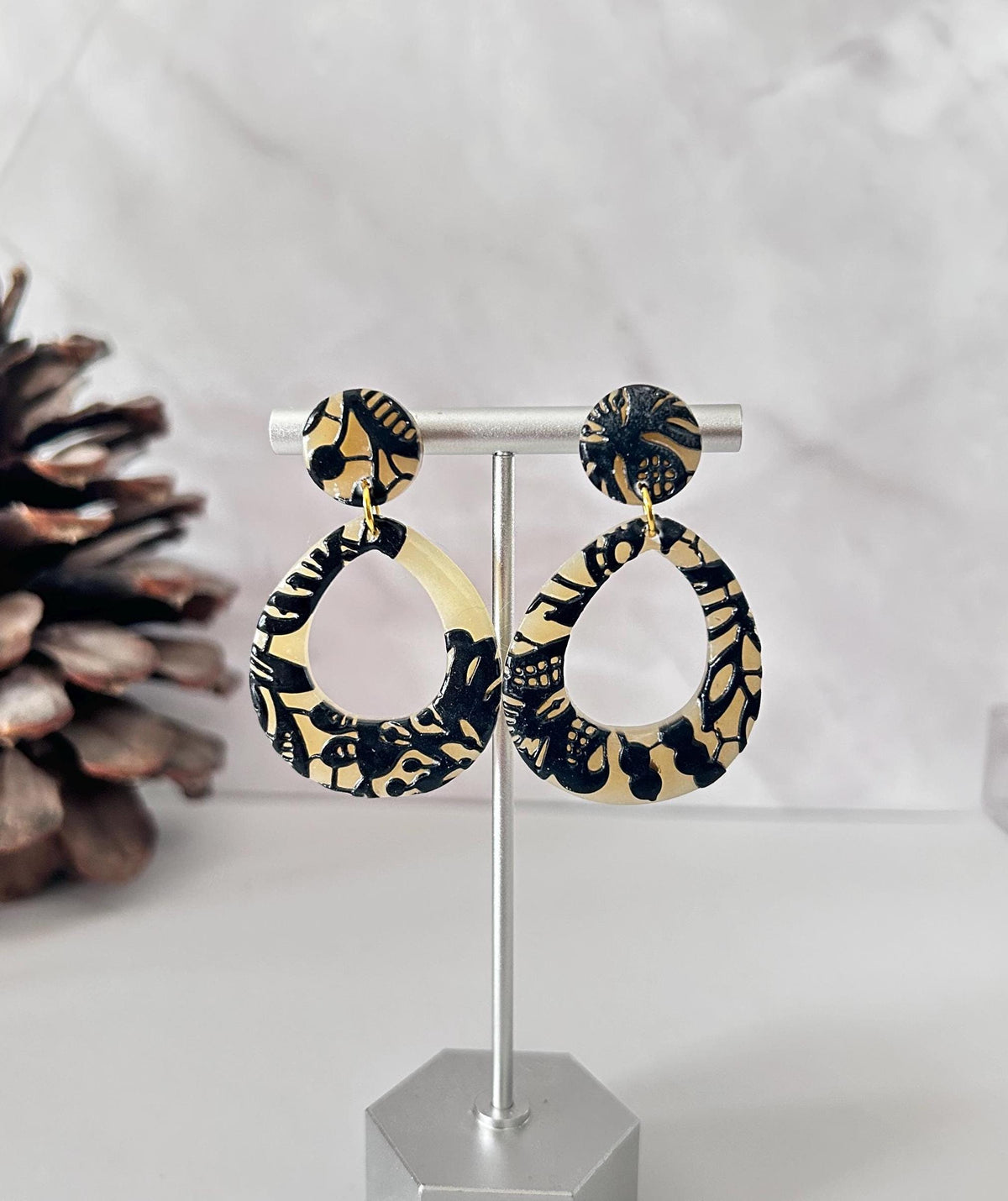 Black and Beige Lace Teardrop Wedding Earrings, Black Clay Bridal Dangles, Handmade Jewelry