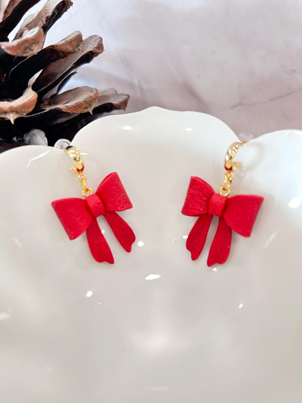 Red Clay Bow Knot Holiday Earrings, Hypoallergenic Dangles