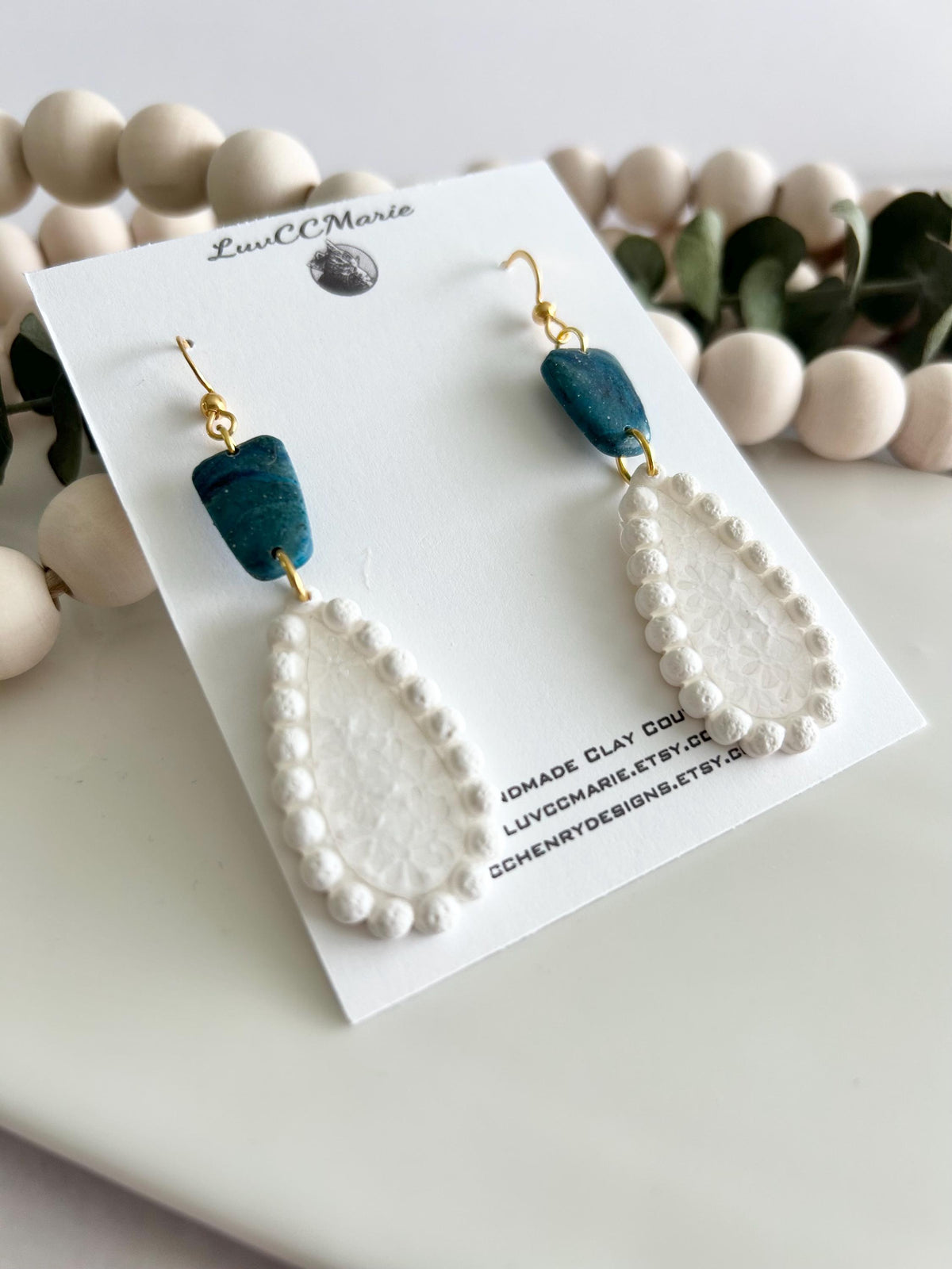 Teal and White Teardrop Earrings, Pearl Floral Clay Dangles, Handmade Bridal Coastal Jewelry