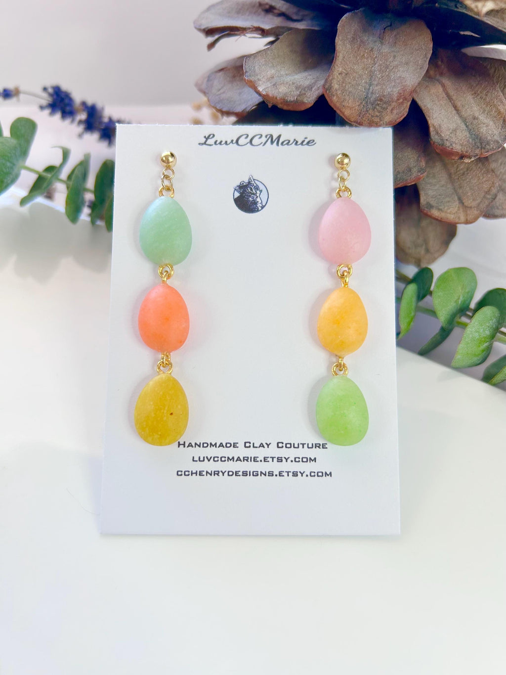 Handmade Long Pastel Egg Clay Earrings, Jelly Bean Dangles, Speckled Easter Statement Jewelry