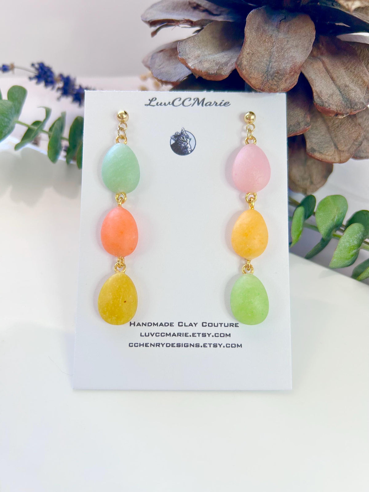 Handmade Long Pastel Egg Clay Earrings, Jelly Bean Dangles, Speckled Easter Statement Jewelry