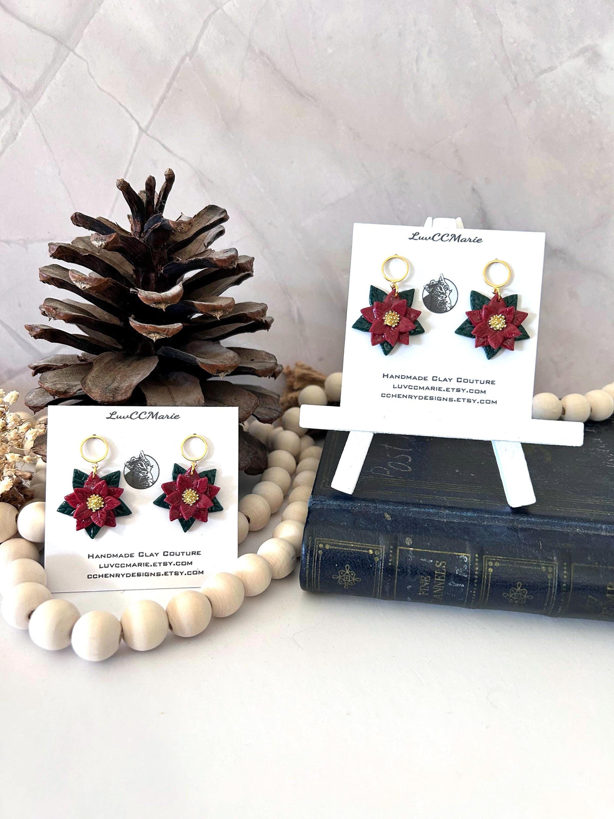 Burgundy Poinsettia Flower Earring, Christmas Dangles, Holiday Jewelry, Stocking Stuffers