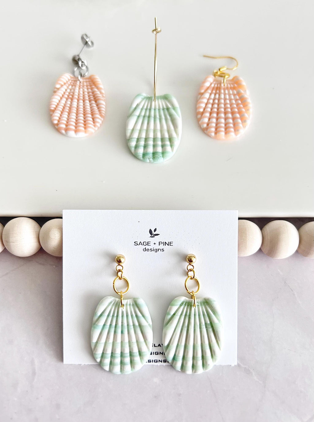Mint Green Shell Earrings, Coral Peach and White Seashell Dangles, Coastal Vacation Dangles Beach Jewelry