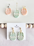 Mint Green Shell Earrings, Coral Peach and White Seashell Dangles, Coastal Vacation Dangles Beach Jewelry