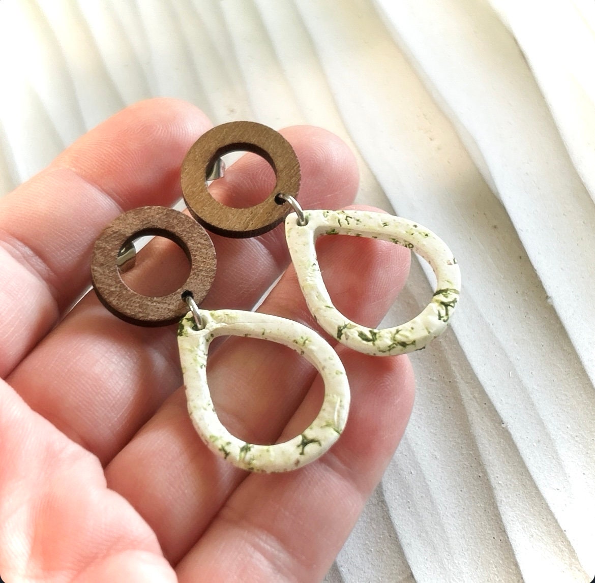 Moss Earrings, Green and White Teardrop Dangles, Clay and Wood Handmade Jewelry