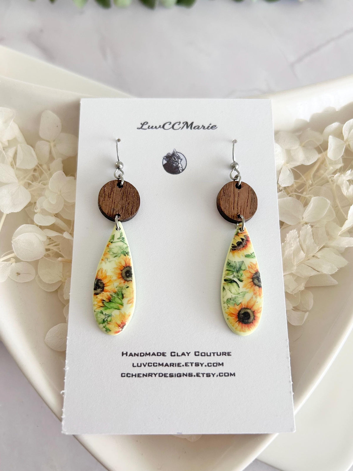 Boho Floral Earrings, Pale Yellow Wood Clay Dangles, Boho Sunflower Jewelry, Handmade Sunflower Themed Gift