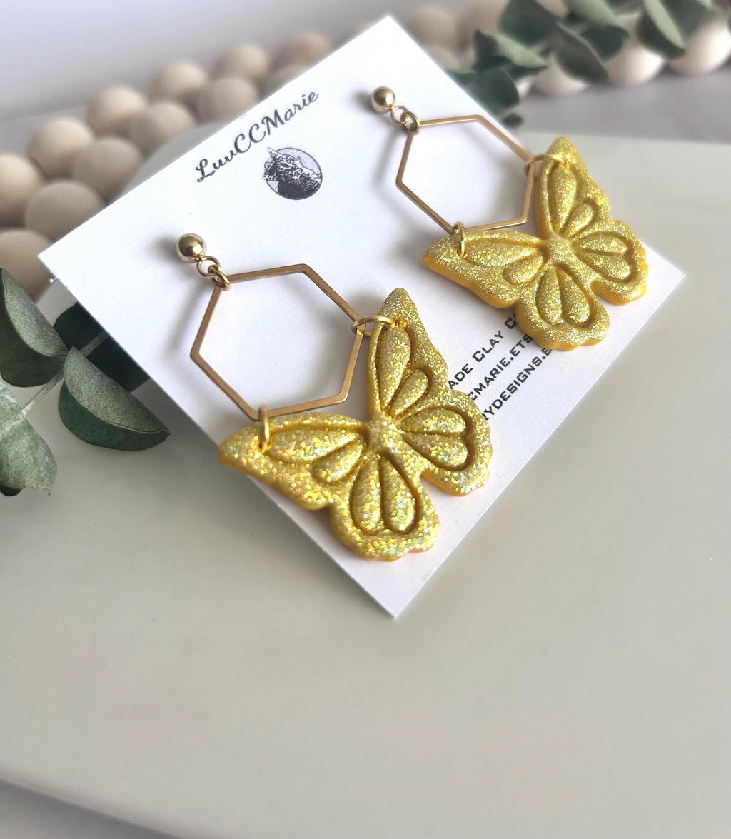 Hoop Butterfly Earrings, Sparkly Holographic Gold Monarch Dangles, Handmade Clay Unique Jewelry