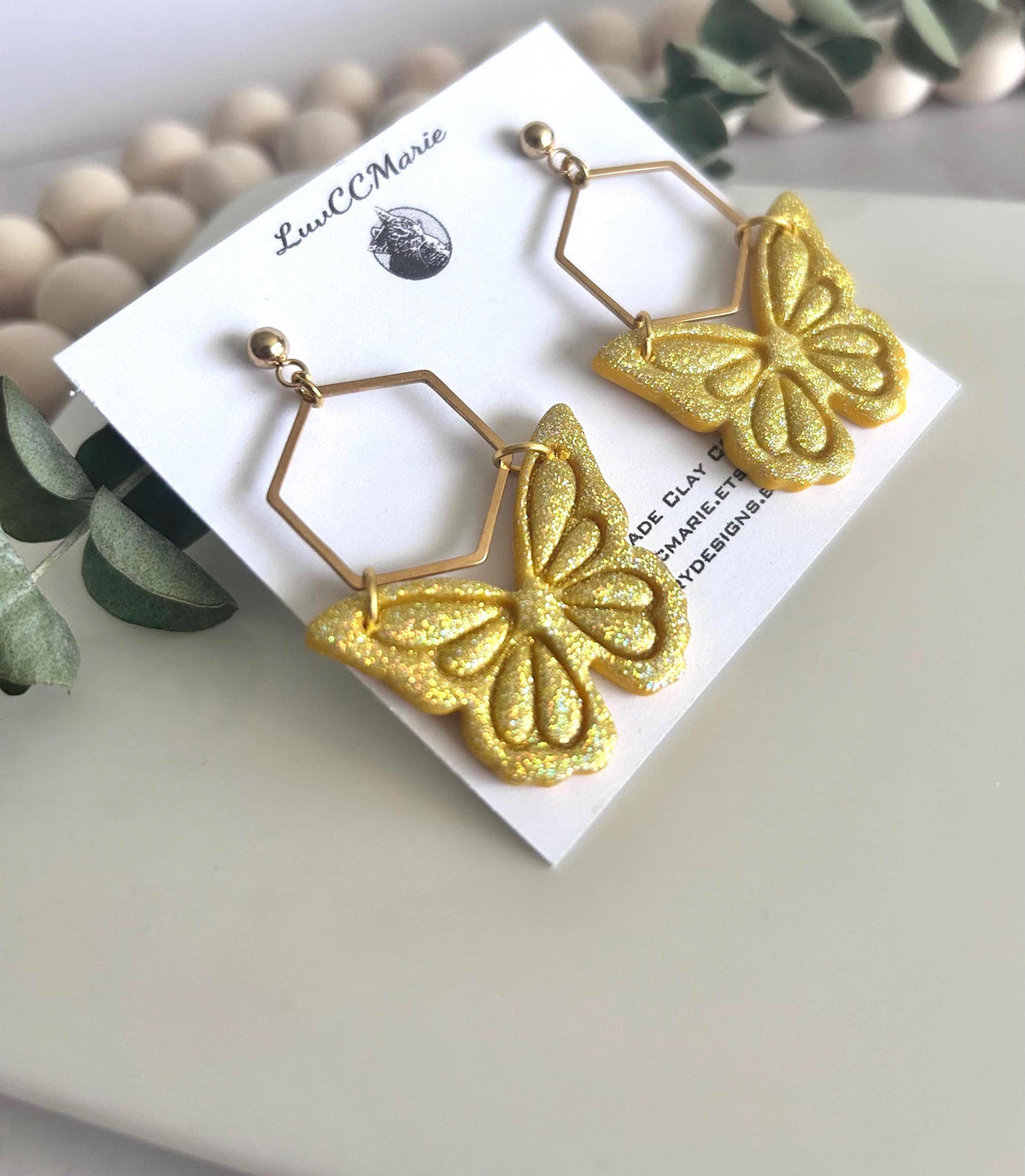 Hoop Butterfly Earrings, Sparkly Holographic Gold Monarch Dangles, Handmade Clay Unique Jewelry