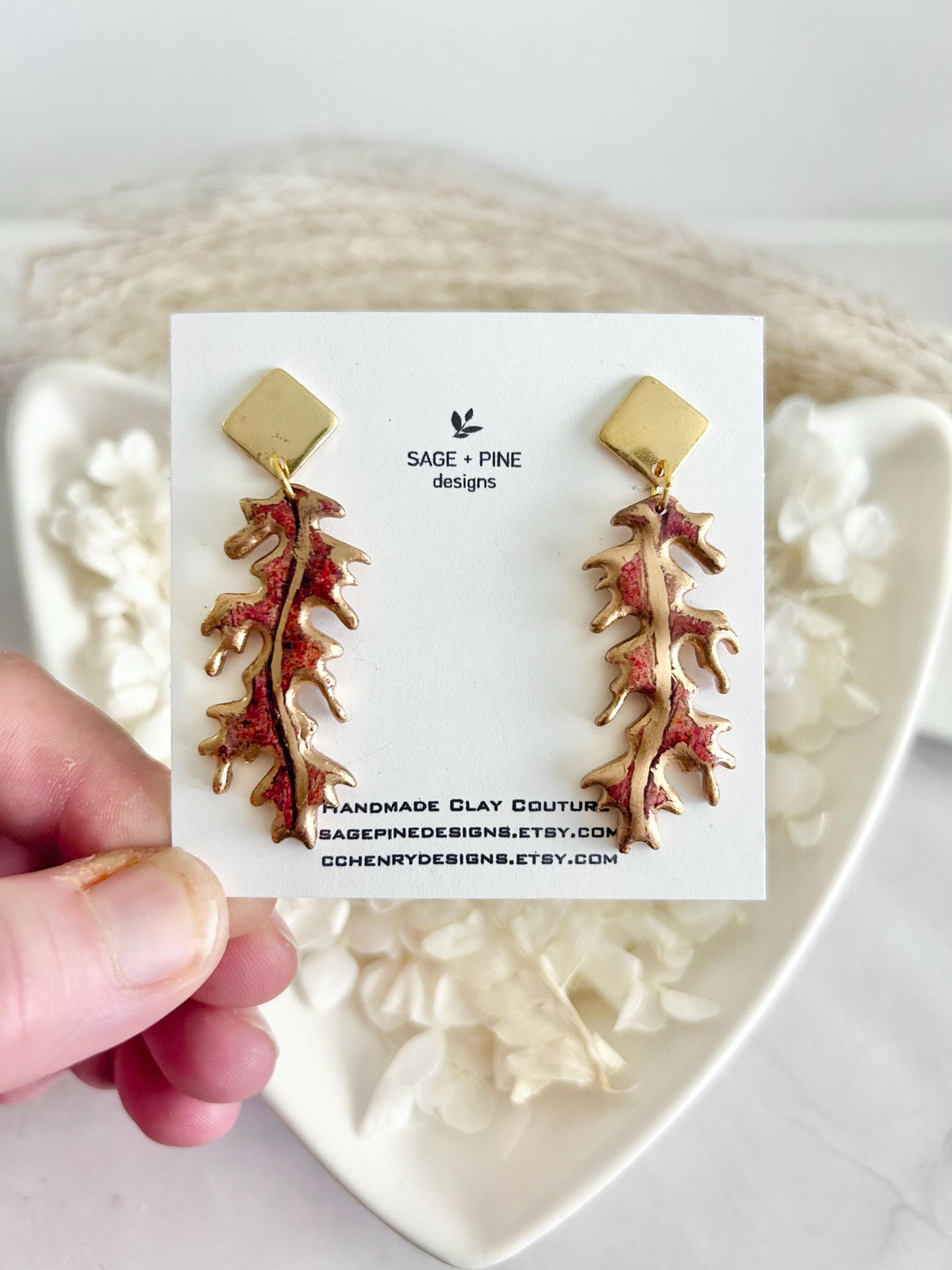 Fall Leaf Clay Earrings, Red and Gold Autumn Dangles, Boho Hypoallergenic Lightweight Jewelry