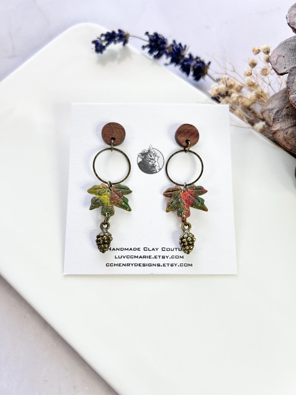 Maple Leaf Clay Earrings, Bronze and Wood Pine Cone Dangles, Handmade Multicolor Fall Jewelry