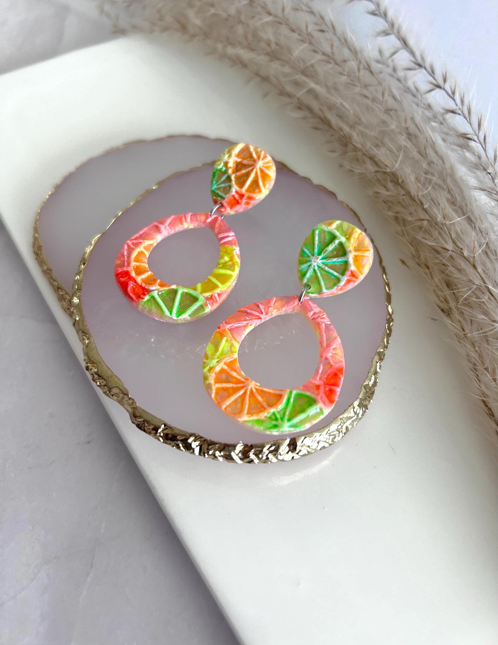 Neon Orange Slice Foodie Earrings, Grapefruit, Lemon, Lime, Unique Handcrafted Dangles, 90s Statement Clay Jewelry