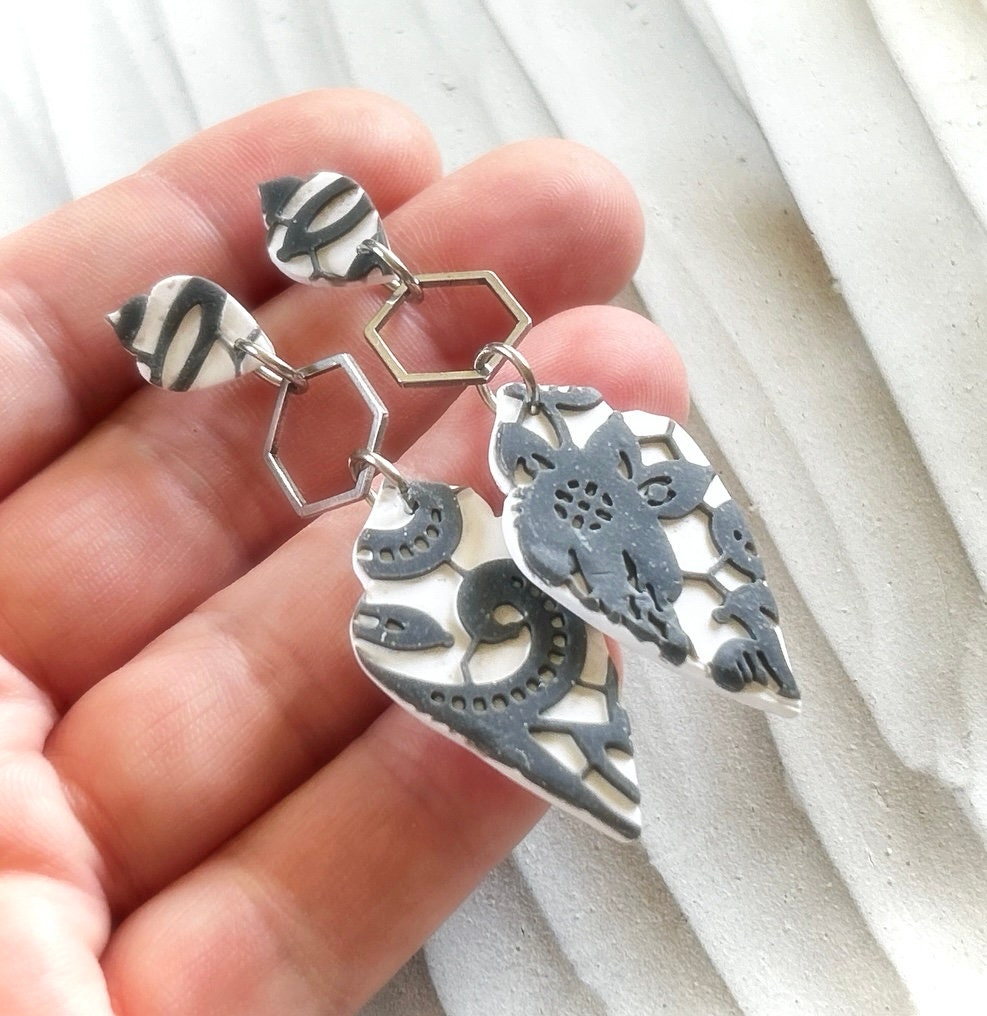 Black and White Boho Earrings, Charcoal Lace Embossed Floral Clay Dangles, Handmade Jewelry