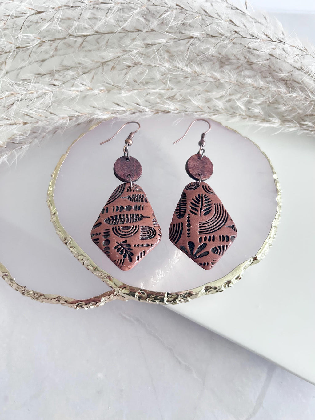 Brown & Black Boho Earrings, Embossed Folk Dangles, Clay Wood Faux Leather Fall Terracotta Mexican