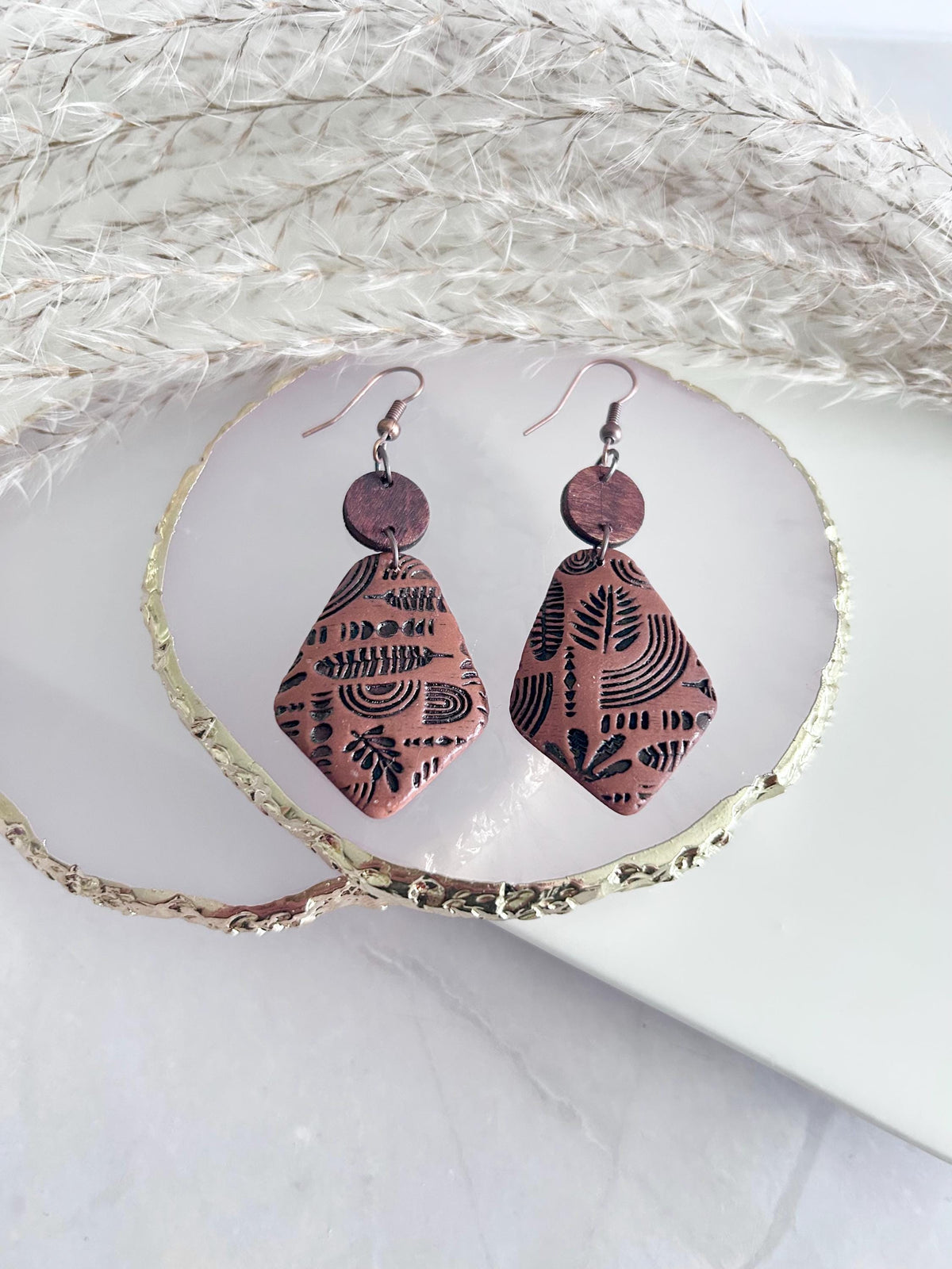 Brown & Black Boho Earrings, Embossed Folk Dangles, Clay Wood Faux Leather Fall Terracotta Mexican