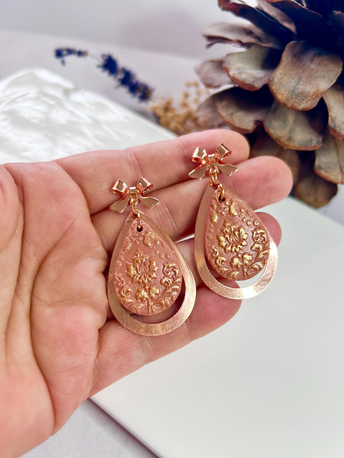 Copper and Clay Dangle Earrings, Mauve Pink Teardrop Dangles, Lightweight Boho Handmade Jewelry