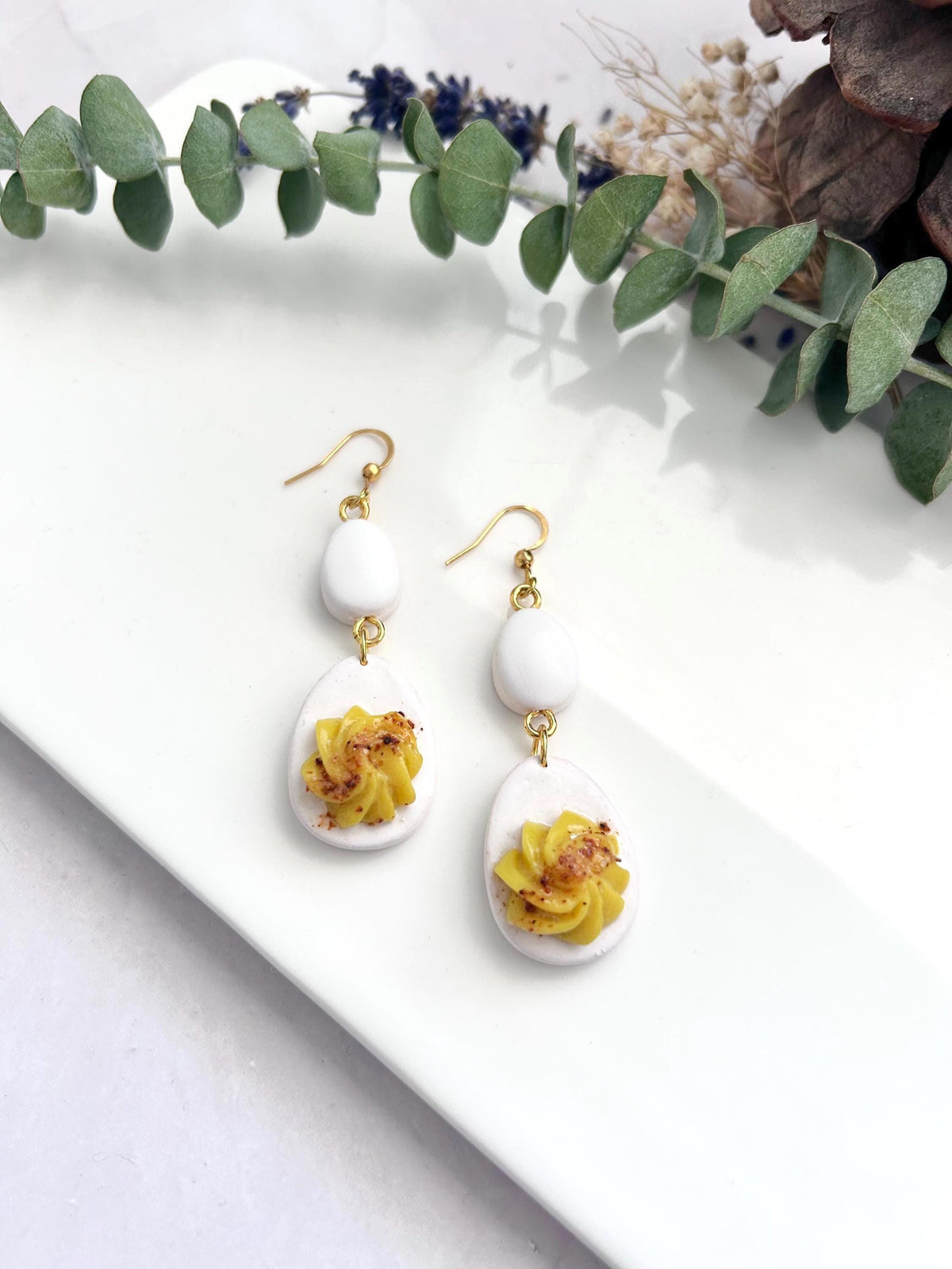 Mini Deviled Eggs Foodie Earrings, Food Shaped Dangles, Funny Egg Gift, Handmade Clay Whimsical Jewelry