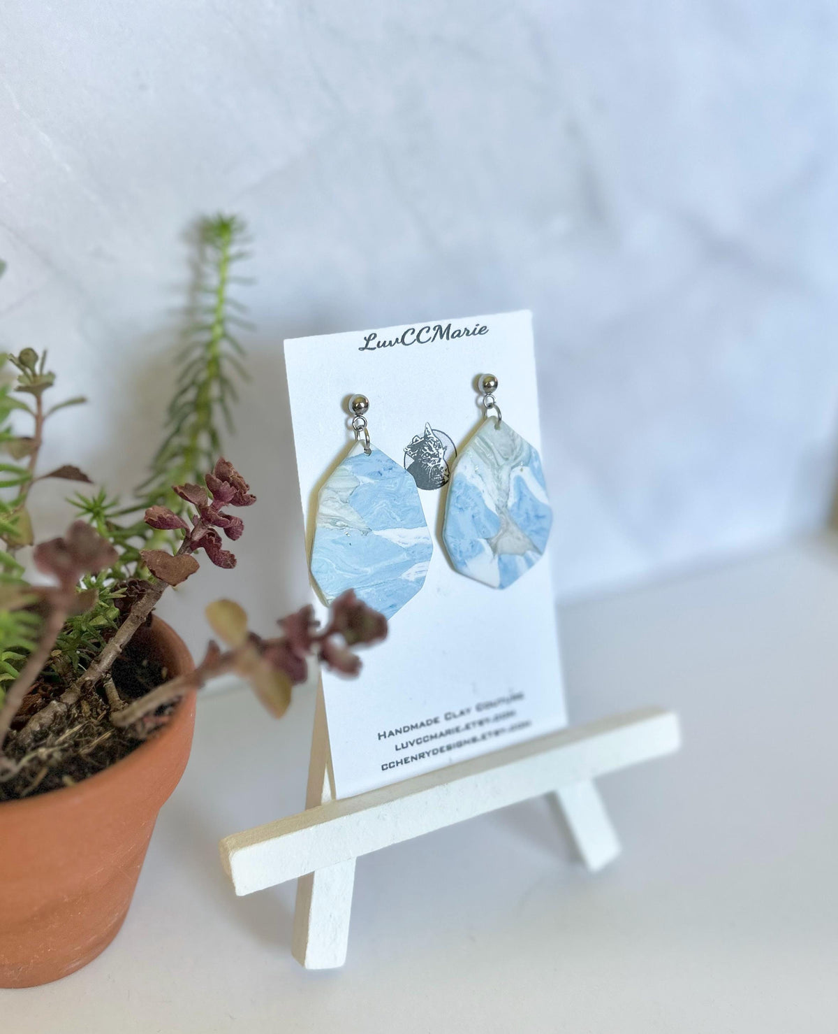 Pale Blue Marbled Earrings, Clay Octagon Dangles, Handmade Fashion Lightweight Jewelry Vacation Gift
