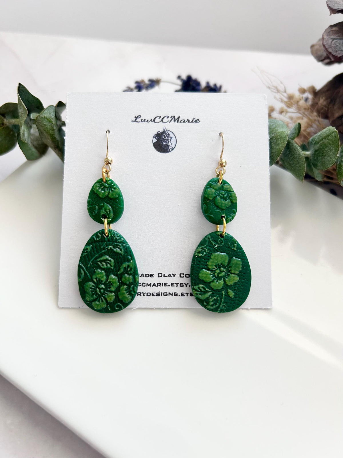 Bright Green and Sheer Cream Floral Clay Dangle Earrings, Handmade Jewelry