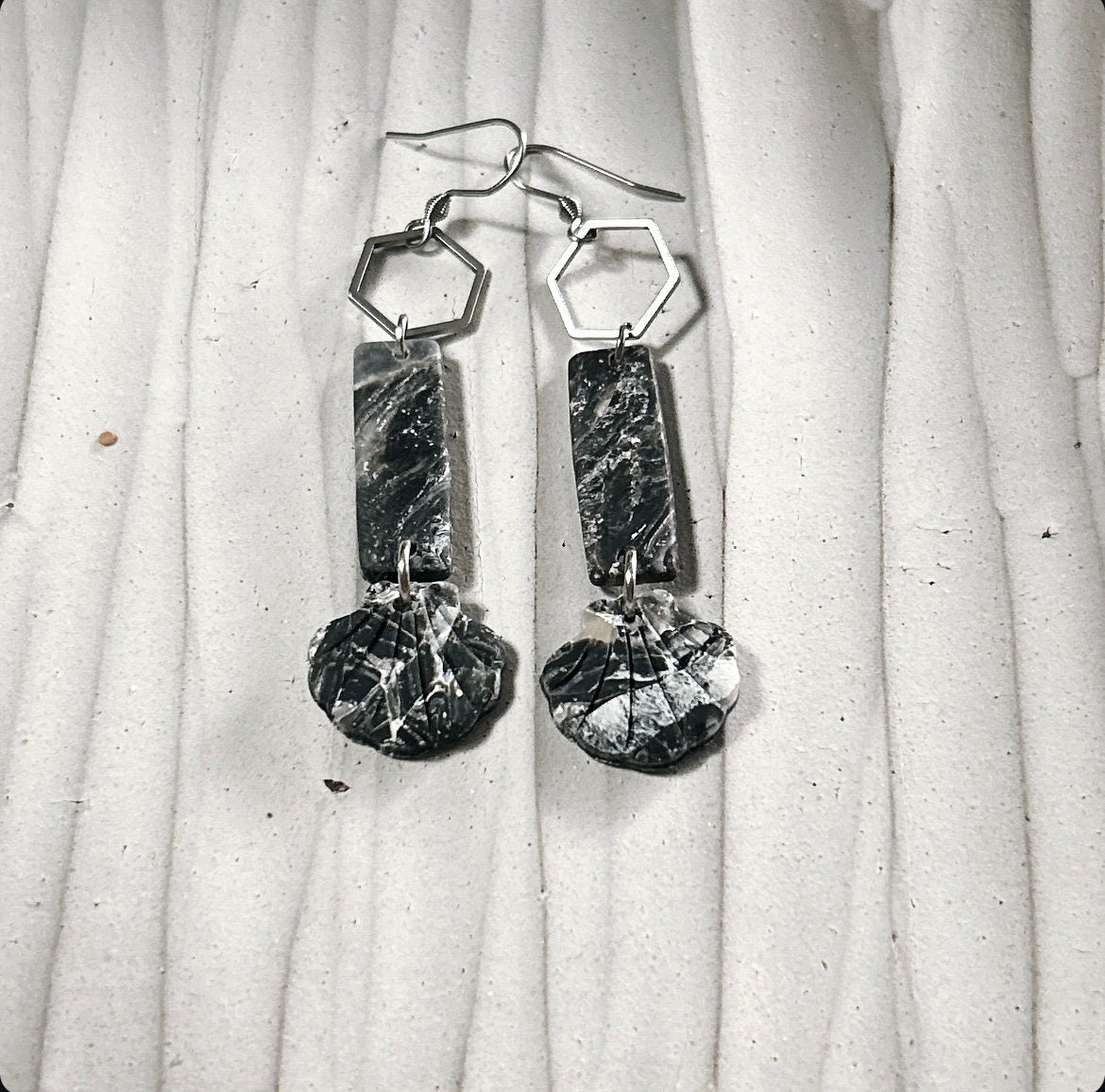 Seashell Earrings, Black Beach Dangles, Stainless Steel Long Hexagon Handmade Clay Boho Jewelry