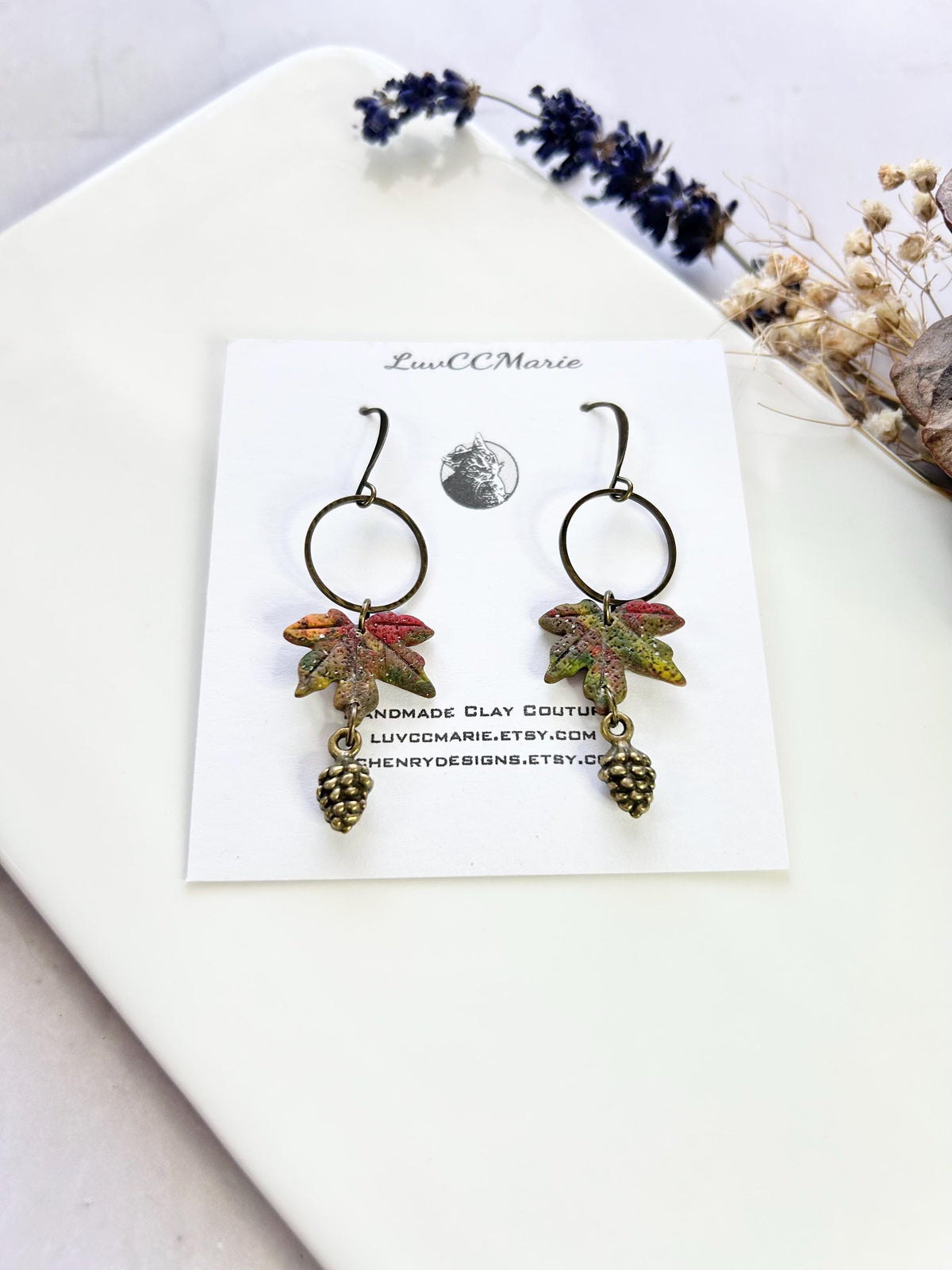 Maple Leaf Clay Earrings, Bronze and Wood Pine Cone Dangles, Handmade Multicolor Fall Jewelry