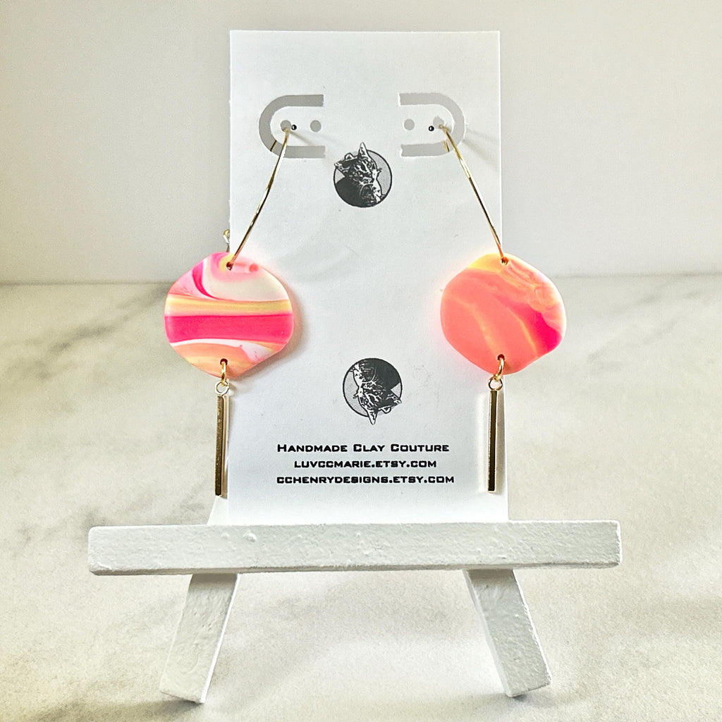 Neon 80s Clay Earrings, Hoop Bar Dangles, Fluorescent Jewelry