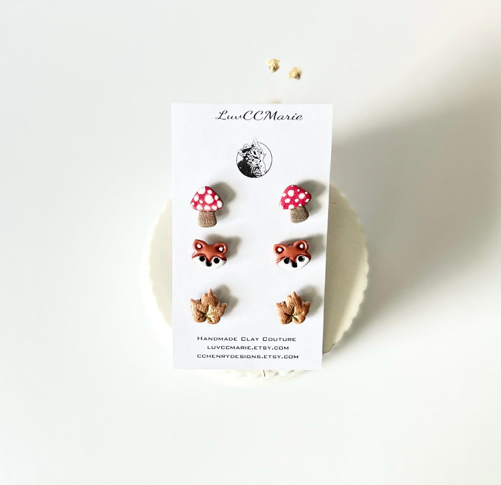 Clay Stud Earrings Set, Acorn, Fox, Maple Leaf, Mushroom, Toadstool, Handmade Fashion Fall Jewelry