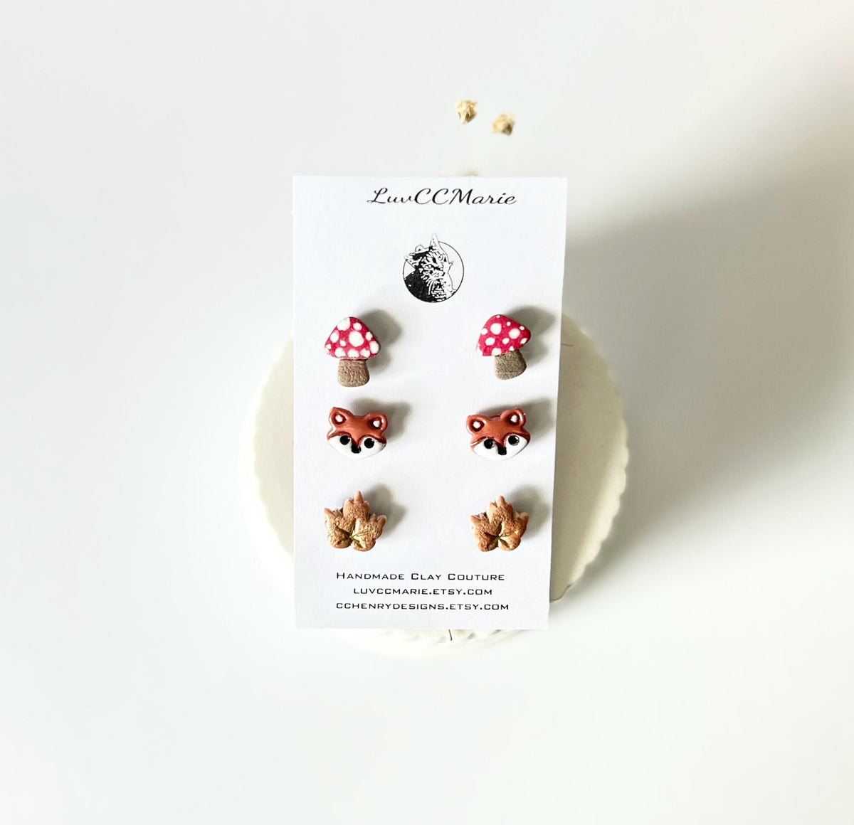 Clay Stud Earrings Set, Acorn, Fox, Maple Leaf, Mushroom, Toadstool, Handmade Fashion Fall Jewelry
