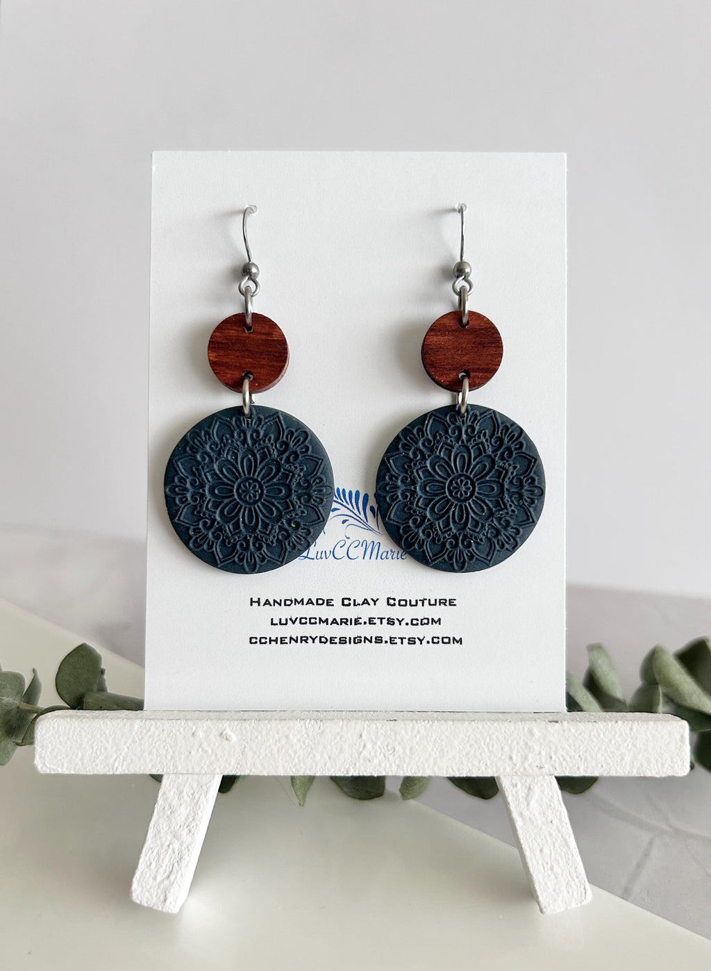Burgundy Earrings, Embossed Floral Clay Dangles, 18k Gold Fall Jewelry, Brown Wood Handmade Lightweight
