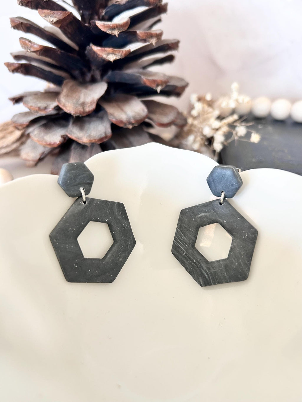 Dark Charcoal Gray Dangle Earrings, Polymer Clay Hexagon Dangles, Handmade Boho Jewelry Gift
