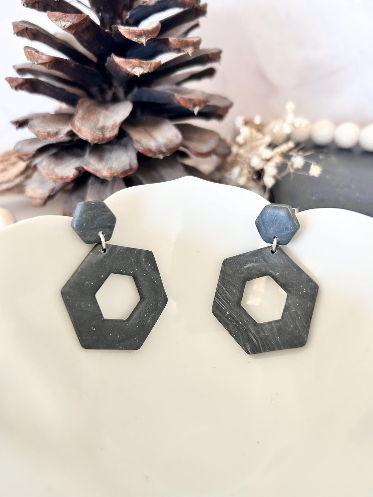 Dark Charcoal Gray Dangle Earrings, Polymer Clay Hexagon Dangles, Handmade Boho Jewelry Gift