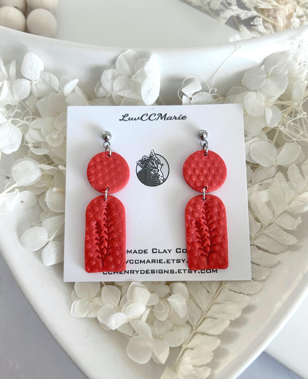 Polka Dot Botanical Clay Dangle Earrings, Handmade Art Jewelry Gift